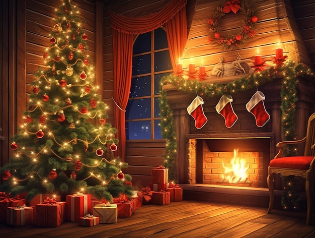 there is a christmas tree in a room with presents around it generative ai