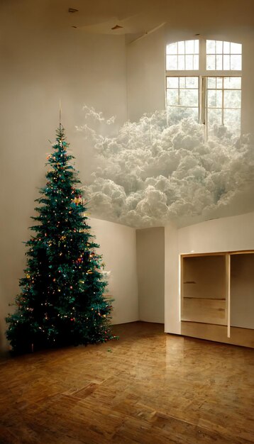 there is a christmas tree in a room with a sky painted on the wall generative ai