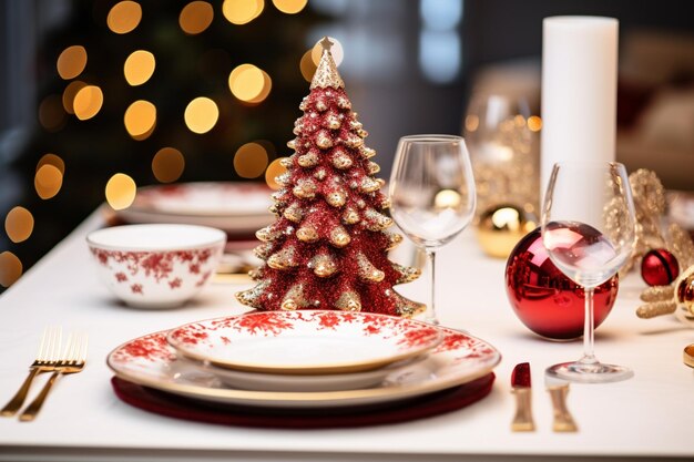 there is a christmas tree on the table with a plate and wine glasses generative ai