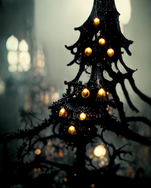 there is a christmas tree with lights on it in a dark room generative ai