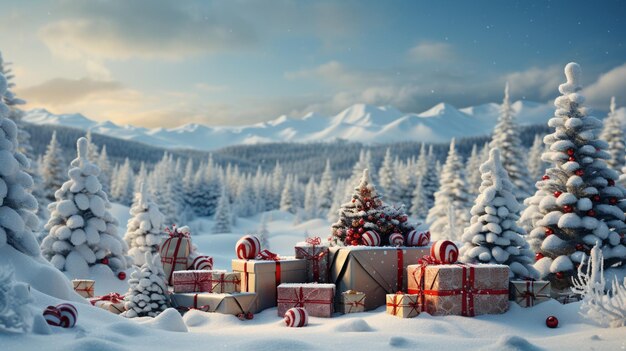 There is a christmas tree with many presents around it in a snow background