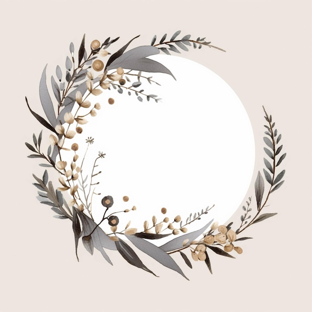 There is a circular frame with a wreath of leaves and berries generative ai