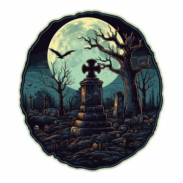 there is a circular picture of a cemetery with a statue in the middle generative ai