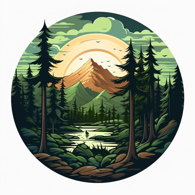 There is a circular picture of a mountain scene with a lake generative ai