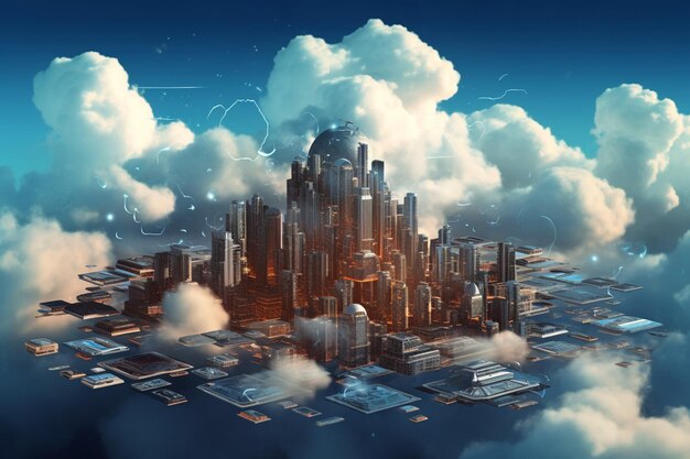 Photo there is a city in the clouds with a lot of lights generative ai