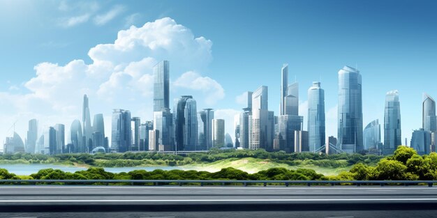 there is a city skyline with a highway going through it generative ai