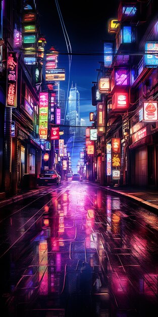 Photo there is a city street with neon signs on it at night generative ai