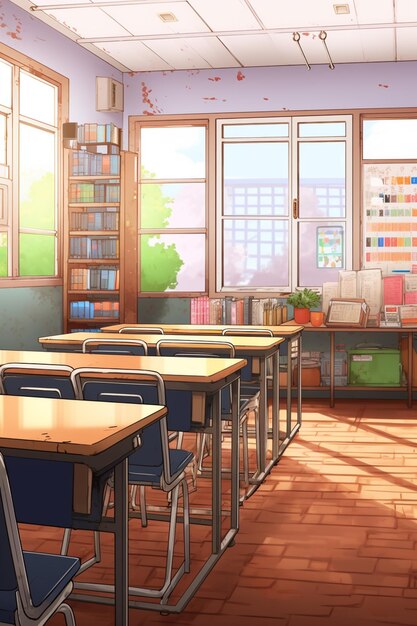 Premium AI Image  Anime background of a classroom with desks and