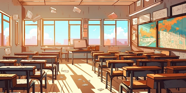 Premium AI Image  Anime Classroom Background without People at Sunset in  The Afternoon Scene