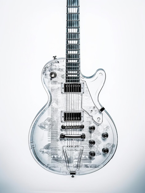 there is a clear guitar with a black neck and a white background generative ai