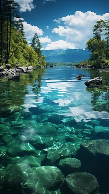 there is a clear lake with rocks and trees in the water generative ai