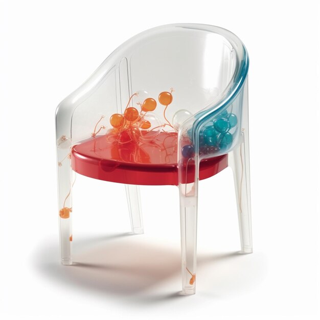 there is a clear plastic chair with a red seat and a blue seat generative ai