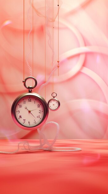 There is a clock hanging from a string with a pink background generative ai