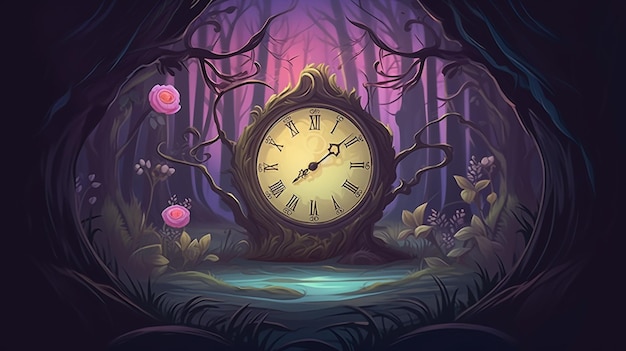 there is a clock in the middle of a forest with flowers generative ai