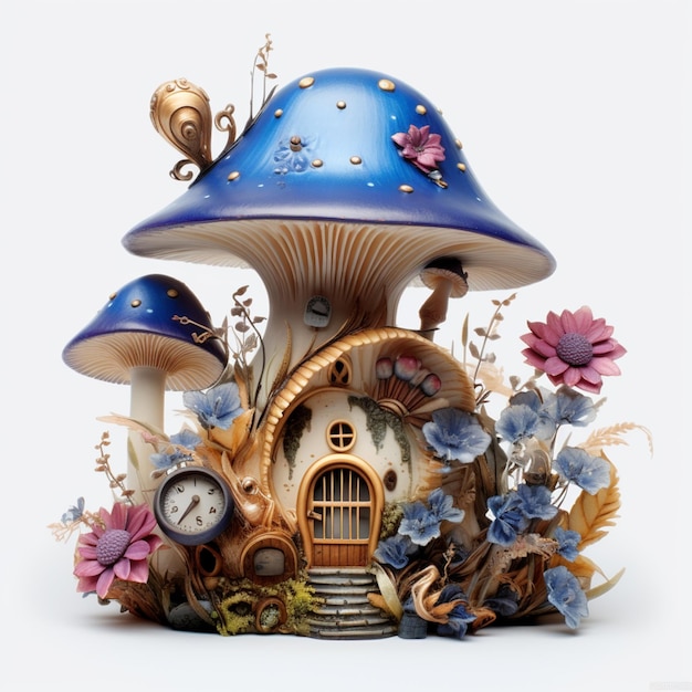 there is a clock sitting on top of a mushroom house generative ai