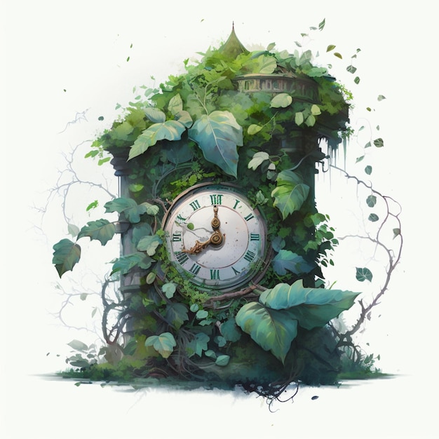 There is a clock that is covered with vines and leaves generative ai