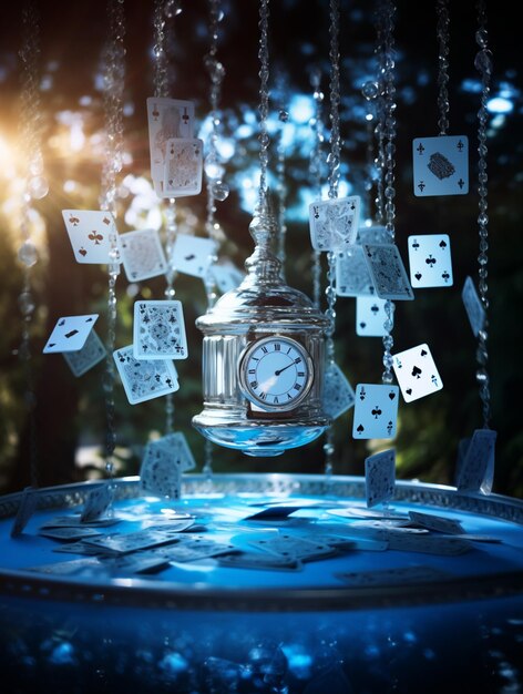 Foto c'è un orologio che galleggia nell'acqua con carte da gioco generative ai