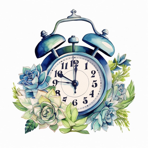 there is a clock with a blue bell and flowers on it generative ai