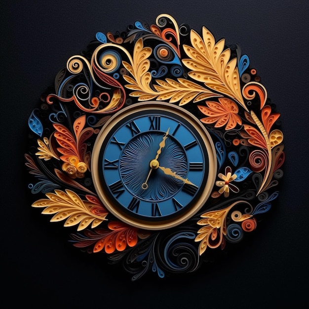 there is a clock with a blue face and gold leaves generative ai