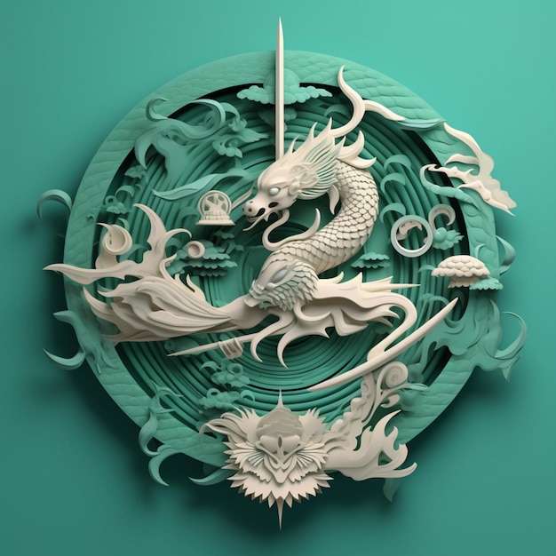 There is a clock with a dragon on it on a wall generative ai