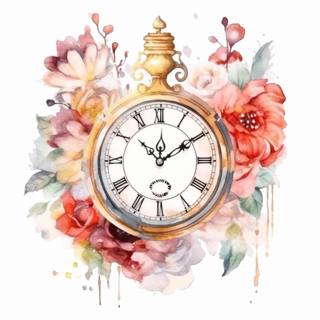 There is a clock with flowers on it on a white background generative ai