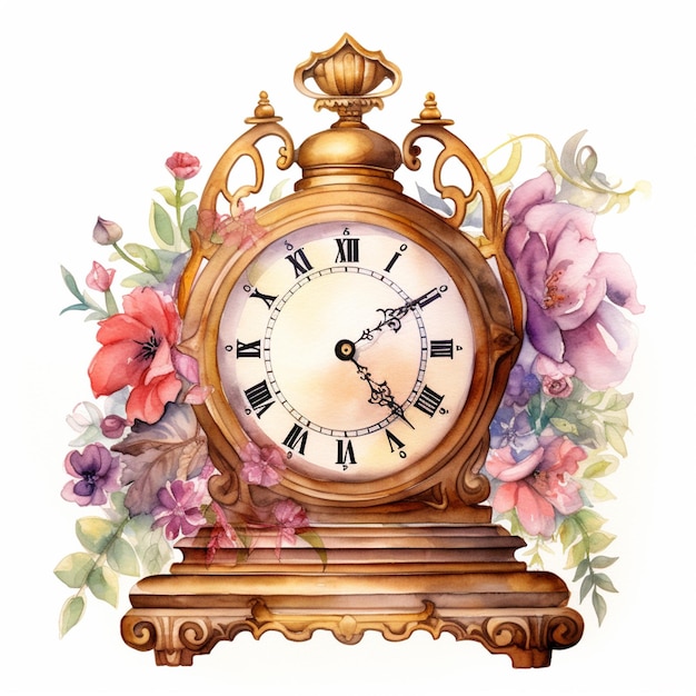 there is a clock with flowers on the top of it generative ai