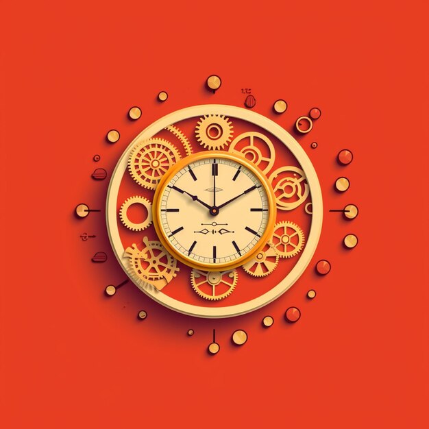 there is a clock with gears on a red background generative ai