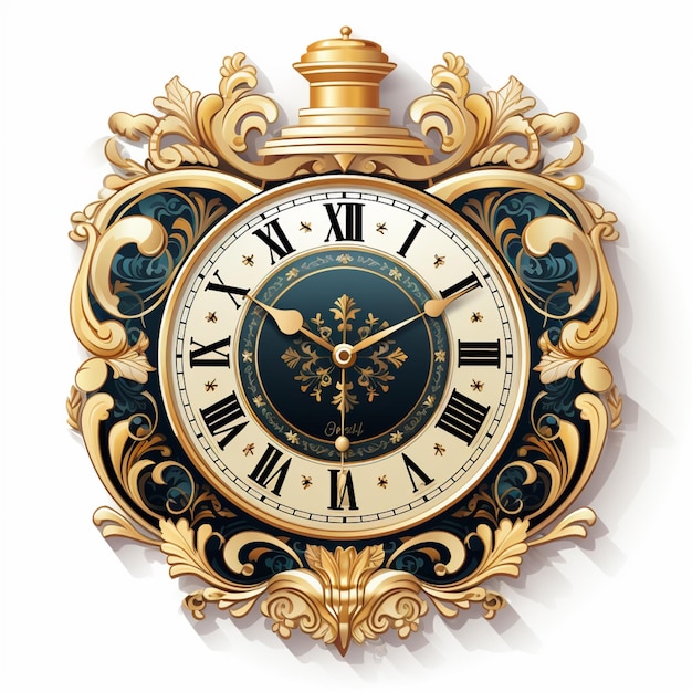 there is a clock with a gold frame and a blue face generative ai