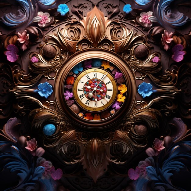 There is a clock with a gold frame and colorful flowers generative ai