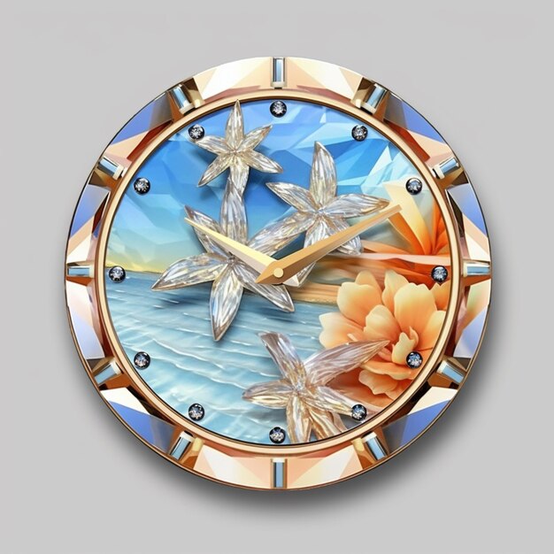 there is a clock with a picture of a beach and flowers generative ai
