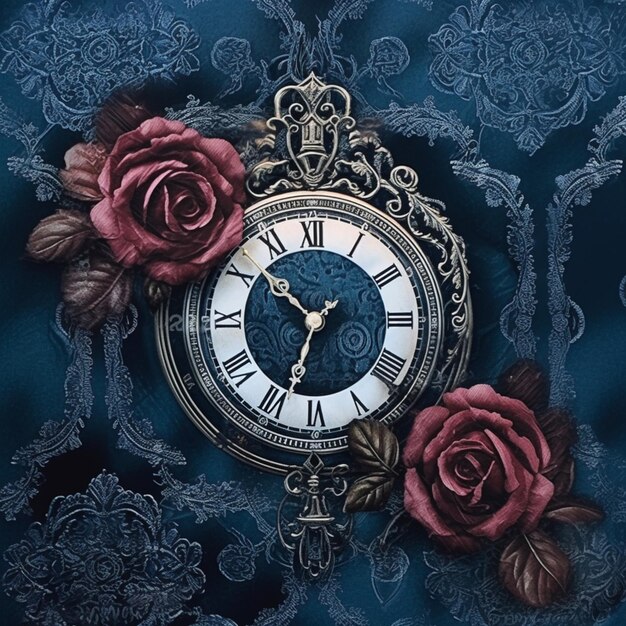 There is a clock with a rose on it on a blue background generative ai