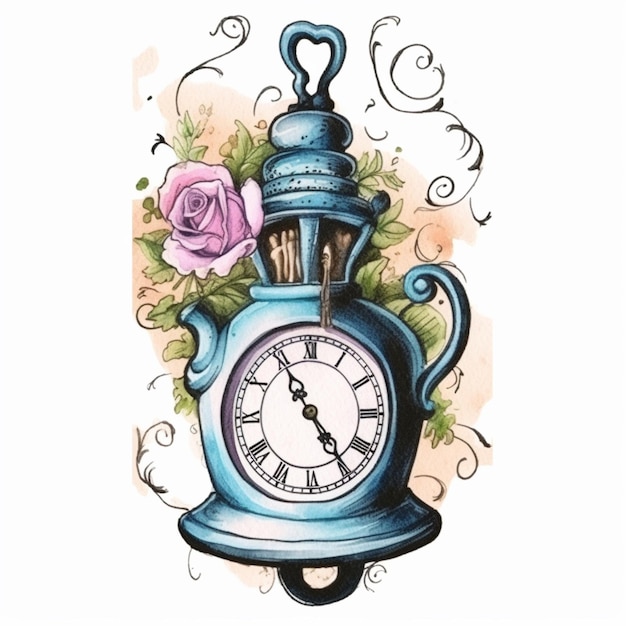 Photo there is a clock with a rose on it and a rose on the top generative ai