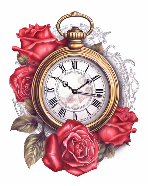 There is a clock with roses on it and a gold frame generative ai