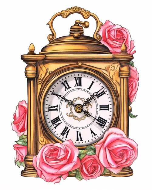 There is a clock with roses on the sides of it generative ai