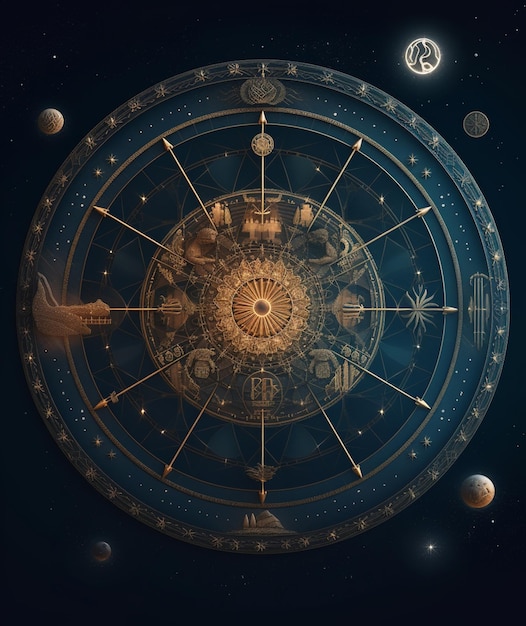 There is a clock with a zodiac sign on it in the middle of the night generative ai