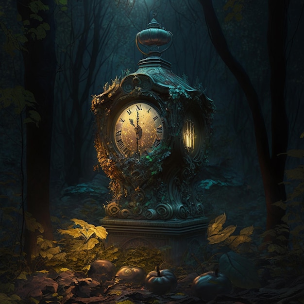 There is a clock in the woods with a light on generative ai