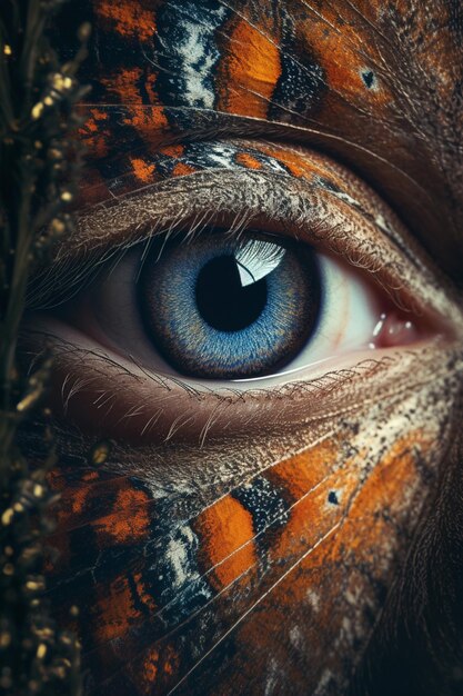 蝶が描かれた蝶の目のクローズアップがあります。生成AI