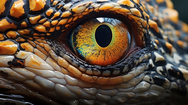 there is a close up of a lizards eye with a yellow and black pattern generative ai