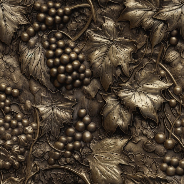 there is a close up of a metal plate with grapes generative ai