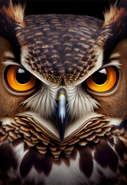 There is a close up of an owl with orange eyes generative ai