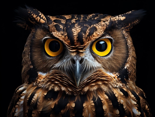 There is a close up of a owl with yellow eyes generative ai