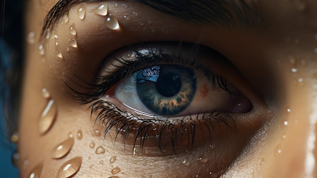 there is a close up of a person's eye with water droplets on it Generative AI