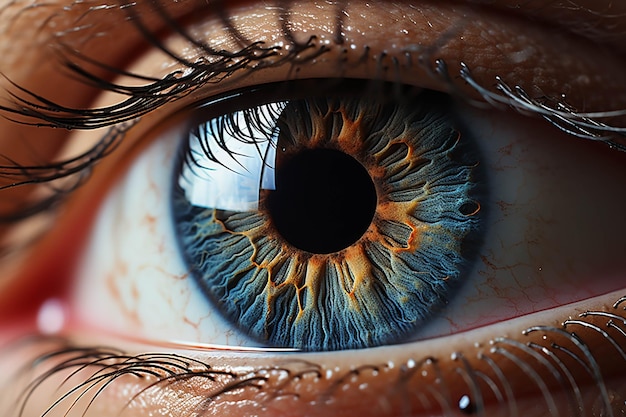 青い虹膜を生み出す人の目のクローズアップがあります