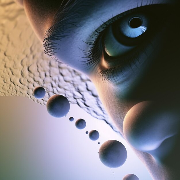 Foto c'è un primo piano dell'occhio di una persona con bolle che ne escono.