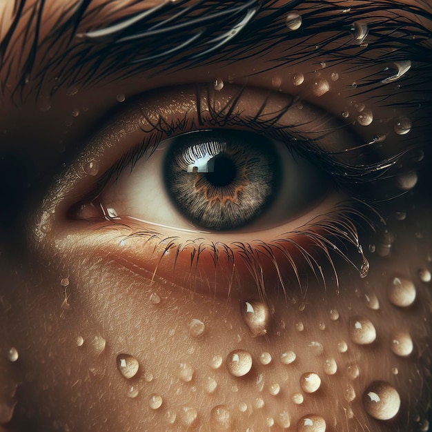 There is a close up of a persons eye with water droplets on it