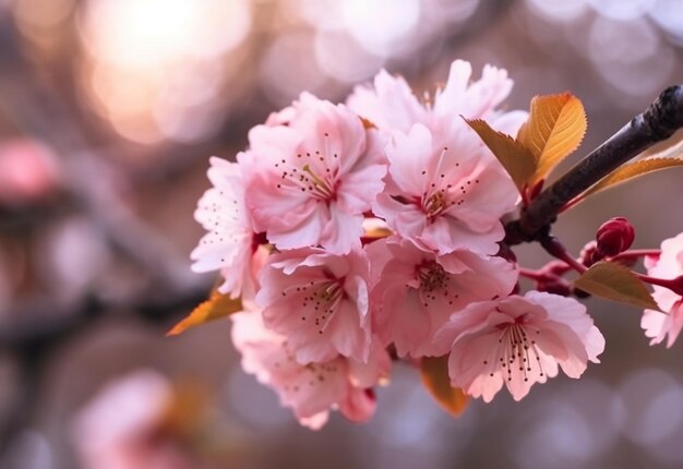 Есть крупный план розового цветка на дереве, генерирующий ай
