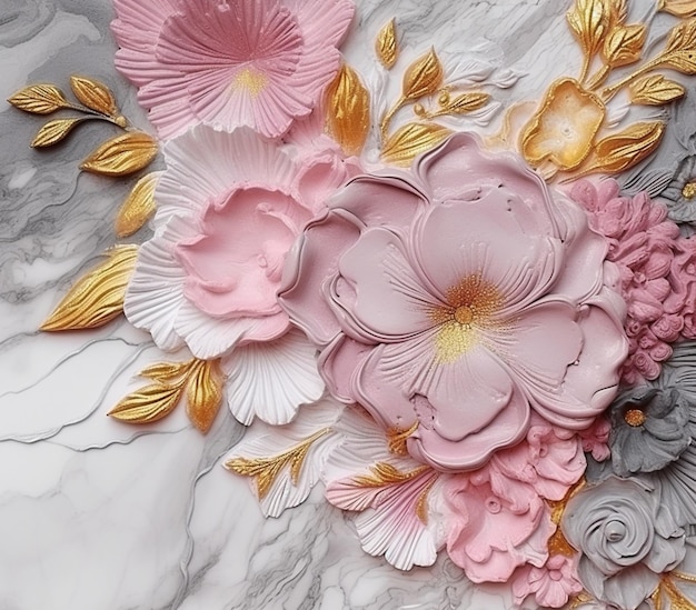 There is a close up of a pink and gold flower on a marble surface generative ai