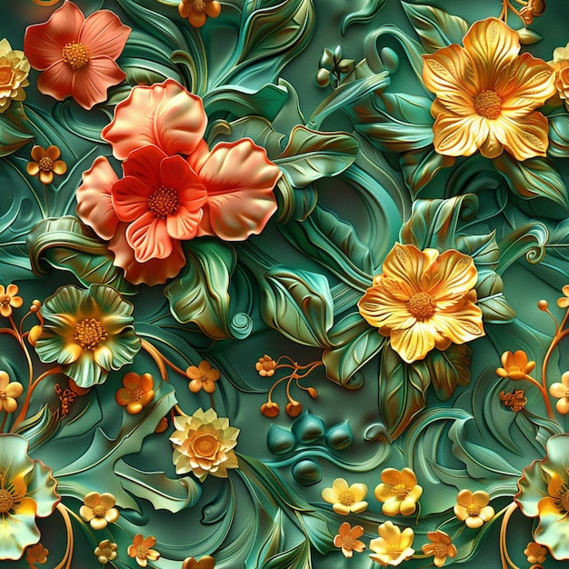 there is a close up of a wall with flowers and leaves generative ai