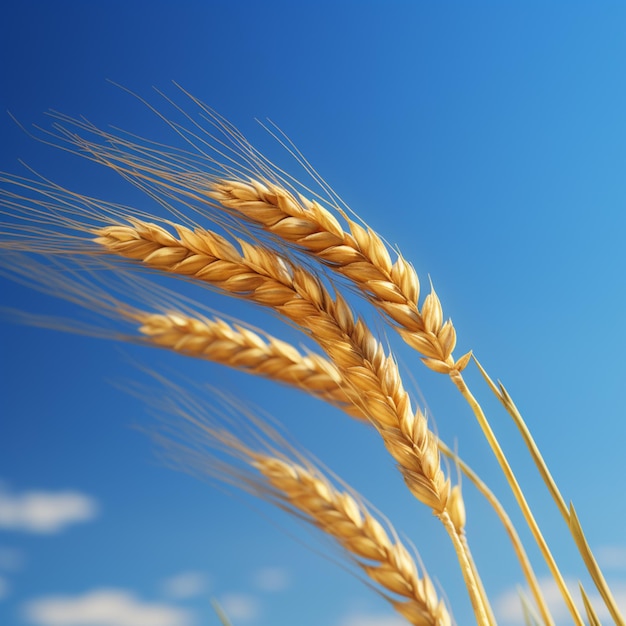 背景に青い空を描いた小麦の植物のクローズアップです