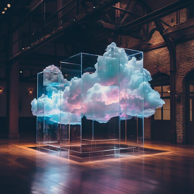 there is a cloud sculpture in a glass box on the floor generative ai